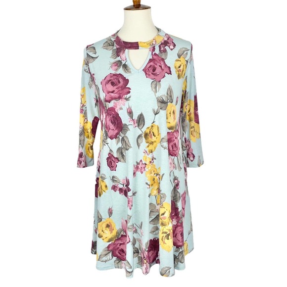 S Honeyme Blue Floral Print Keyhole V Neck Light Blue Flowy Tunic Slinky Dress - Picture 2 of 6